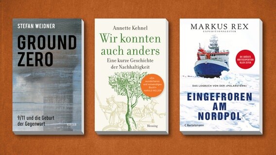 Collage der Bücher "Ground Zero", "Eingefroren am Nordpol" und "Wir konnten auch anders". © Hanser Literaturverlage / Blessing Verlag / Bertelsmann 