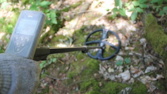Ein Metalldetektor fährt über einen Waldboden © NDR 