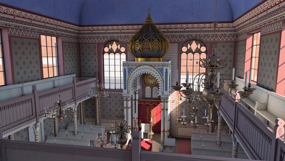 Virtuelle Ansicht des Altars und der Sitzbänke in der früheren Schweriner Synagoge von der Empore aus. © Architectura Virtualis GmbH 