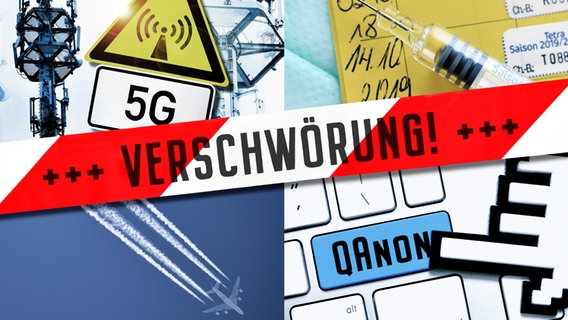 Fotomontage: Bilder von Kondensstreifen, den Schritfzügen "5G", und "QAnon" sowie einer Impfspritze mit Absperrband und der Aufschrift "Verschwörung" © picture alliance | Christian Ohde 