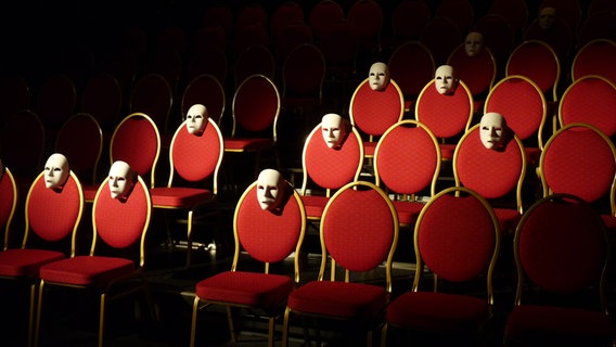 Zuschauerraum im Theater mit Masken an den Stuhllehnen © Theater Partout Lübeck 