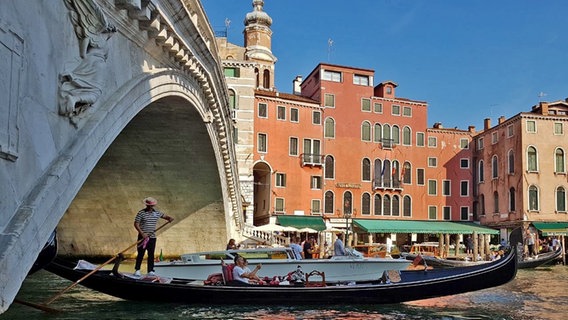 Eine Gondel fährt unter der Rialto-Brücke am Canal Grande in Venedig durch © NDR Foto: Patricia Batlle