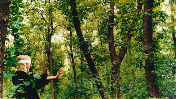 Eine Frau geht mit verbundenen Augen und ausgestreckten Händen durch den Wald. © Anna Gaskell, courtesy Galerie Gisela Capitain, Cologne 