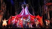 Szenenbild aus dem Musical "Liebe stirbt nie": Bunt kostümierte Darsteller vor einem Zirkuszelt © Really Useful Group Foto: Jeff Busby