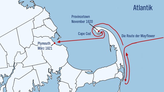 Eine Karte von der Küste vor Cape Cod, auf der die Route der Mayflower eingezeichnet ist. © NDR 