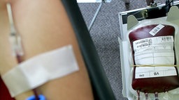 Blutspendebeutel füllt sich mit Blut eines Spenders. © (c) dpa - Report 