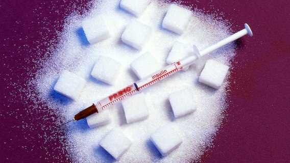 Insulinspritze auf einem Haufen aus weißem Zucker. © picture-alliance / OKAPIA KG, Ge Foto: Jeffrey Telner