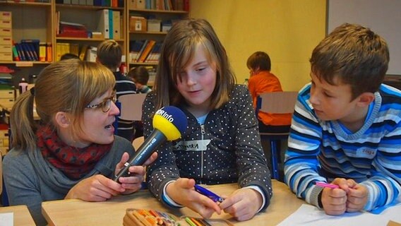 Lena-Maria Reers interviewt Kinder der Klasse 2b der Bugenhagenschule in Hamburg Alsterdorf. © NDR 