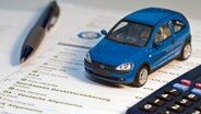 Themenbild zur Kfz-Versicherung: Ein Spielzeugauto steht auf einer Liste unterschiedlicher Versicherer. Daneben liegen ein Taschenrechner und ein Kugelschreiber. © picture alliance / dpa Themendienst 