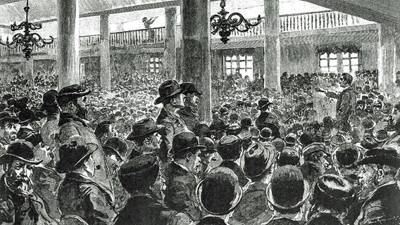 Versammlung von Hafenarbeitern in Hamburg am 4. Dezember 1896 (Holzstich von Emil Limmer)  