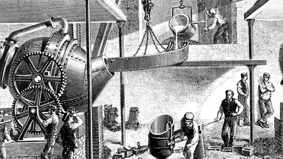 Darstellung des 1855 entwickelten Bessemer Verfahrens: Roheisen wird in der Bessemer Birne von unten mit Luft durchblasen. © dpa 