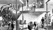 Darstellung des 1855 entwickelten Bessemer Verfahrens: Roheisen wird in der Bessemer Birne von unten mit Luft durchblasen. © dpa 