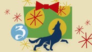 Ein heulender blauer Wolf und ein blauer Kreis mit der Zahl 3 vor einem bunten Geschenk mit Sternen. © NDR/ iStock 