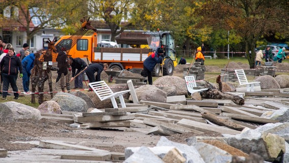 Hunderte Freiwillige beseitigen beim "Molenputz" auf Rügen an der Promenade die Hinterlassenschaften der schweren Ostsee-Sturmflut. © dpa Foto: Stefan Sauer