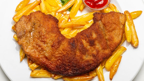 Schnitzel, Pommes, Salat und Ketchup auf einem Teller. © bernjuer / photocase.de Foto: bernjuer / photocase.de