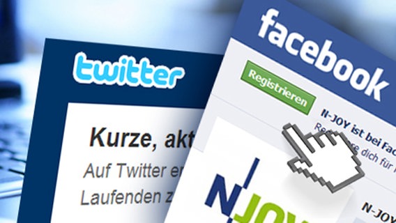 Montage: Die N-JOY Twitter und Facebookseiten vor einem technischen Hintergrund. © PantherMedia, Screenshots Facebook und Twitter Foto: Philippe Remakers, Screenshots Facebook und Twitter