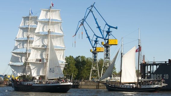 Das Segelschiff Mercedes (re.) und der Zweimastschoner Abel Tasman auf der Norderelbe. © picture alliance / Rainer Hackenberg Foto: Rainer Hackenberg