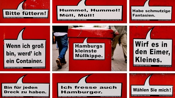Reklame-Aktion der Hamburger Stadtreinigung: Sprüche auf Mülleimern im öffentlichen Raum. © dpa - Report Foto: Angelika Warmuth