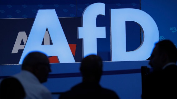 Delegierte sitzen beim AfD-Bundesparteitag in der Magdeburger Messe vor einem Logo der Partei. © Carsten Koall/dpa 