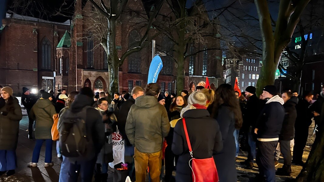 Mehrere Demonstranten stehen vor der AFD-Zentrale in Hamburg.