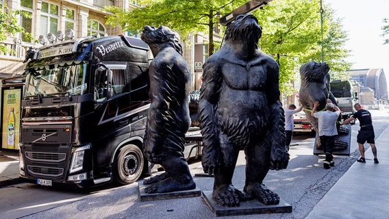 Große Affen-Skulpturen werden in der Hamburger Mönckebergstraße von einem Lkw mit einem Kran auf der Straße platziert. © picture alliance/dpa | Axel Heimken Foto: Axel Heimken