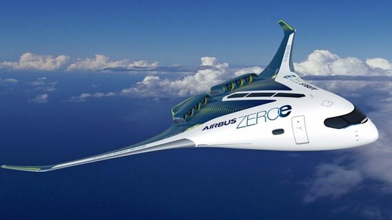 Ein Airbus-Konzept zeigt ein Flugzeug, das mit Wasserstoff angetrieben wird. © Airbus 