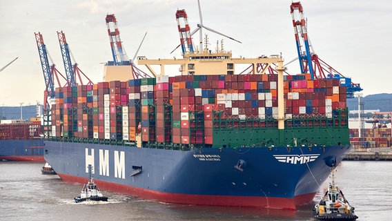 Das weltgrößte Containerschiff „HMM Algeciras“ läuft auf seiner Jungfernfahrt in den Hamburger Hafen ein. © picture alliance/dpa Foto: Georg Wendt