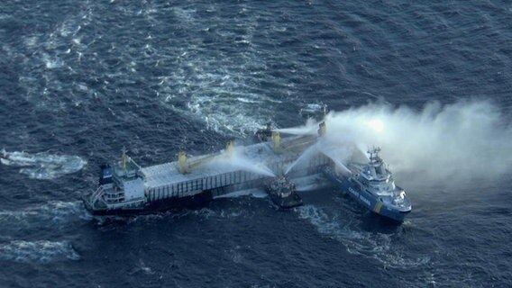 Luftaufnahme von Löscharbeiten am brennenden Hamburger Frachter "Almirante Storni" vor der schwedischen Küste. © The Swedish Coast Guard 