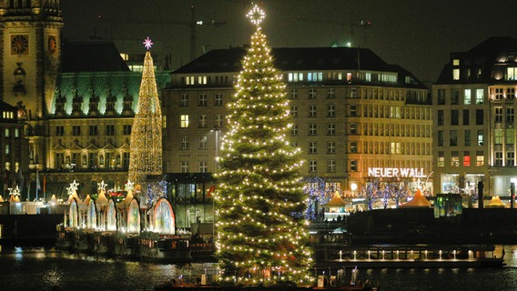 Ein riesiger beleuchteter Weihnachtsbaum steht auf der Alster in Hamburg © dpa Foto: Markus Scholz
