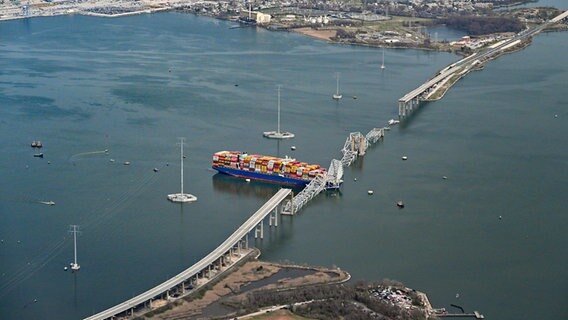 Luftaufnahme eines beschädigten Containerschiffs neben einer eingestürzten Brücke in der Hafeneinfahrt von Baltimore. © picture Alliance / newscom Foto: David Tulis