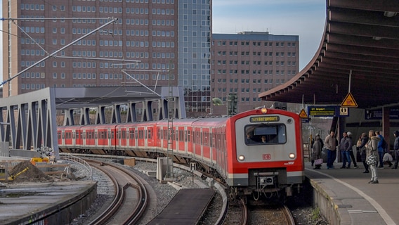 Eine S-Bahn überquert in Hamburg an der Haltestelle Berliner Tor eine Brücke. © Axel Heimken 