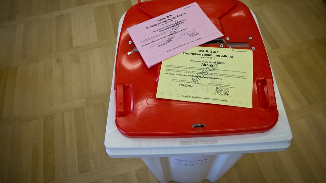 Muster-Stimmzettel für die Wahl zur Bezirksversammlung in Hamburg-Altona liegen auf einer Wahlurne.