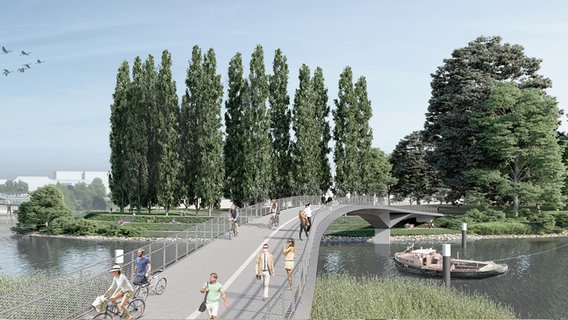 Ein Entwurf zeigt die neue Brücke, die die Hafencity mit Rothenburgsort verbinden soll. © sbp / gmp Foto: sbp / gmp