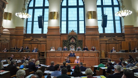 Blick in die Hamburgische Bürgerschaft bei einer Debatte über das Grundgesetz. © picture alliance / dpa Foto: Marcus Brandt