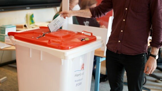 Ein Mann wirft einen Stimmzettel in einem Wahllokal im Hamburger Stadtteil Harvestehude in die Urne. © NDR Foto: Zeljko Todorovic