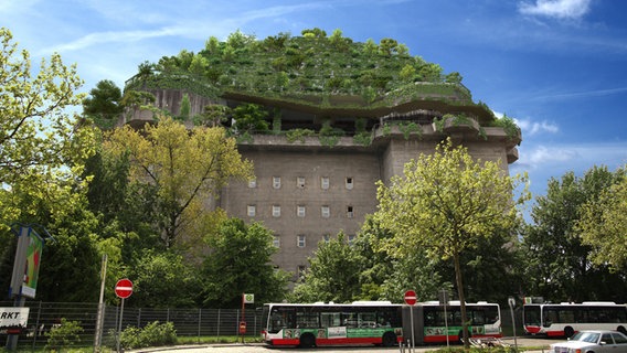 So wie in dieser Visualisierung soll der Stadtgarten auf dem Bunker an der Feldstraße einmal aussehen. © Planungsbüro Bunker 