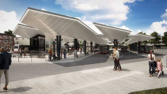 So wie in dieser Visualisierung soll der Busbahnhof im Hamburger Stadtteil Rahlstedt nach seiner Erweiterung aussehen. © Hamburger Hochbahn 