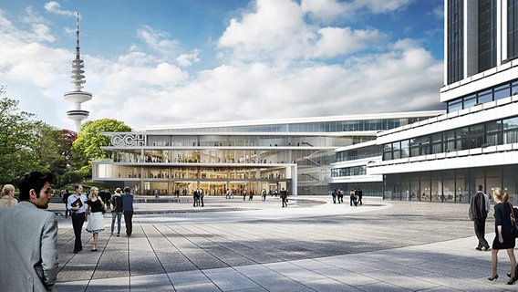 So wie in diesem Entwurf von agnLeusmann/Tim Hupe Architekten könnte die neue Fassade des CCH in Hamburg aussehen.  