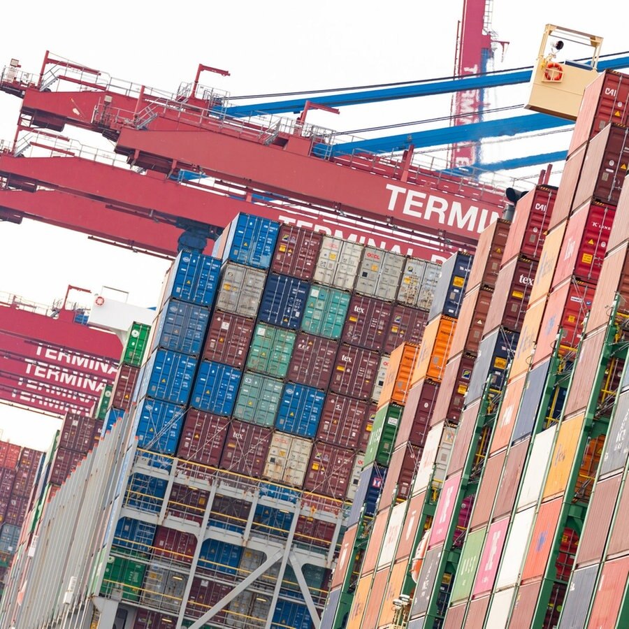 Containerschiffe liegen voll beladen im Hafen. © dpa Foto: Jonas Walzberg