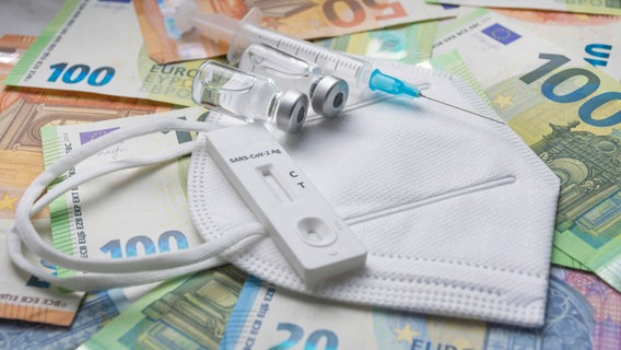 Ein Corona-Schnelltest, eine Maske, zwei Impfstoffflaschen und eine Spritze liegen auf mehreren Euro-Scheinen. (Symbolfoto) © IMAGO / imagebroker 