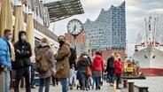 Passanten tragen an den Landungsbrücken Masken. Im Hintergrund ist die Elbphilharmonie zu sehen. © picture alliance/Georg Wendt/dpa 