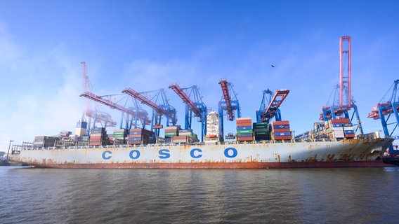 Das Containerschiff "Cosco Pride" der Reederei Cosco Shipping liegt am Container-Terminal Tollerort im Hamburger Hafen. © picture alliance / dpa Foto: Jonas Walzberg