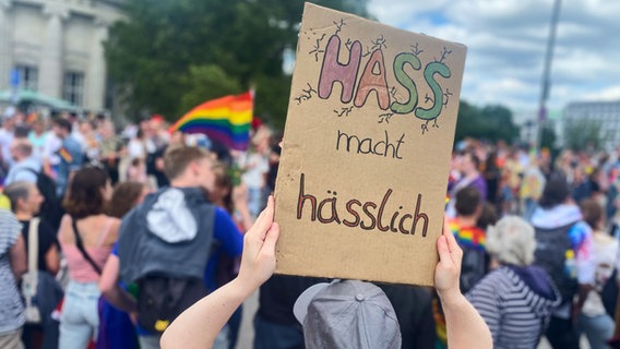 Eine Person hält bei der CSD-Demo in Hamburg ein Schild mit der Aufschrift "Hass macht hässlich". © picture alliance/dpa Foto: Georg Wendt