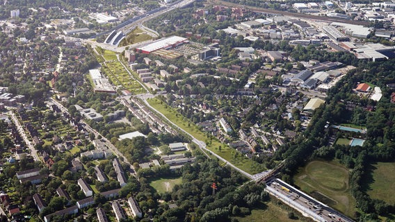 Eine Visualisierung zeigt den geplanten Deckel über der Autobahn 7 in Hamburg-Stellingen. © Moka-studio 