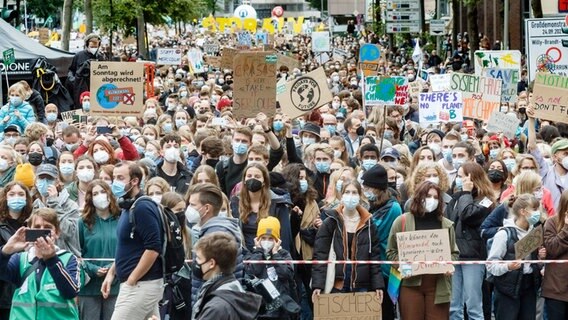 Demonstranten stehen auf der Klimastreikdemonstration von "Fridadys for Future" bereit zu einem Umzug durch die Hamburger Innenstadt. © picture alliance / dpa Foto: Markus Scholz