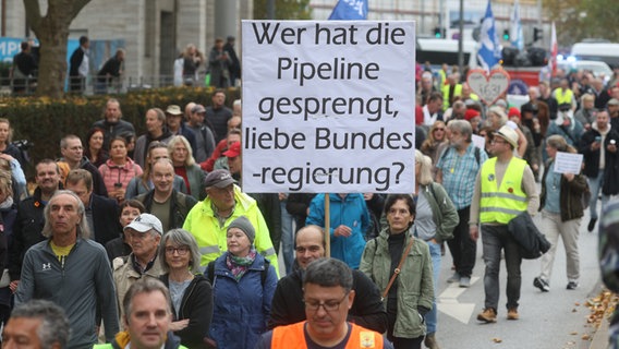 Ein Mann hält auf einer Demonstration ein Schild mit der Aufschrift "Wer hat die Pipeline gesprengt, liebe Bundesregierung?". © Markus Scholz/dpa 
