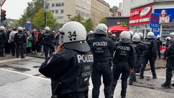 Die Hamburger Polizei steht in St. Georg Demonstranten einer Pro-Palästina-Kundgebung gegenüber. © NDR Foto: Kai Salander