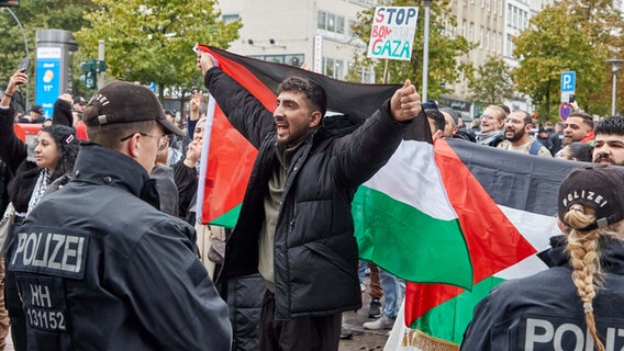 Demonstranten mit Palästina-Flaggen stehen vor Polizisten auf dem Steindamm in St Georg. © dpa Foto: Georg Wendt