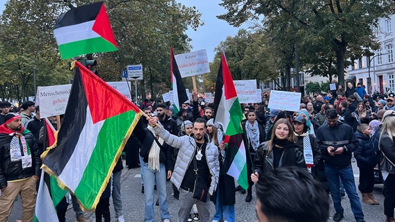 Menschen demonstrieren bei einer genehmigten pro-palästinensischen Kundgebung in Hamburg. © NDR Foto: Ingmar Schmidt