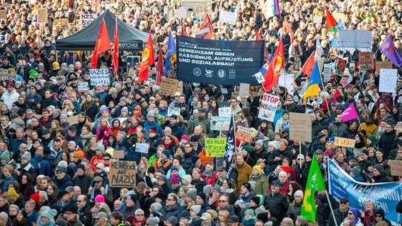 Viele Menschen in Hamburg demonstrieren mit Fahnen und Plakaten gegen Rechtsextremismus. © picture alliance / dpa Foto: Jonas Walzberg